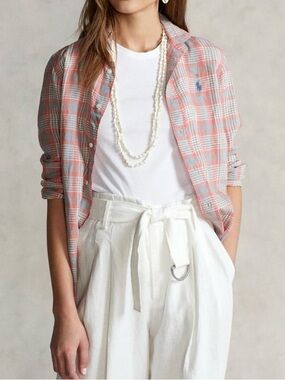 Polo Ralph Lauren 100% Linen Georgia Check Print Women’s Size Small Button Shirt